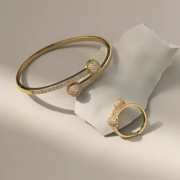 Flat Round Brass Micro Pave Clear Cubic Zirconia Cuff Bangles & Rings Sets