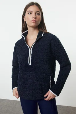Trendyol Navy Blue Plush Knitted Sports Sweatshirt