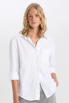 DEFACTO Oversize Wide Fit Pocket Basic Plain Poplin Long Sleeve White Shirt