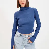 Trendyol Indigo vypasovaný rolák prst detailní žebrovaná strečová pletená halenka
