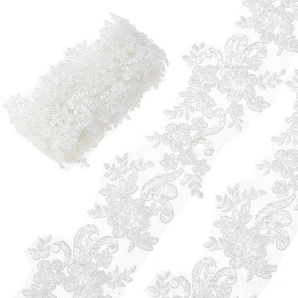 2Yards Polyester Flower Embroidery Lace Trim with Glass Beads