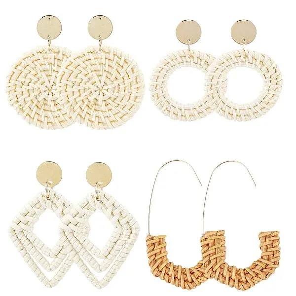 4 Pairs 4 Styles Rattan Dangle Stud Earrings