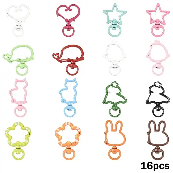 16Pcs 8 Styles Spray Painted Eco-Friendly Alloy Swivel Snap Hooks Clasps