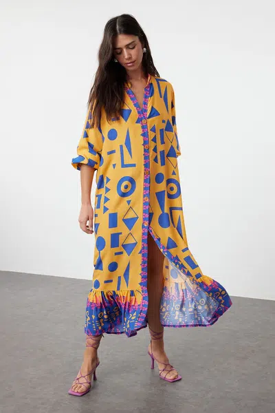 Trendyol Orange Printed Midi Wide Bow Border Pattern Detail Woven Dress Woven Dress