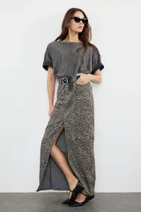 Trendyol Multicolored Leopard Patterned Brown Midi Denim Skirt
