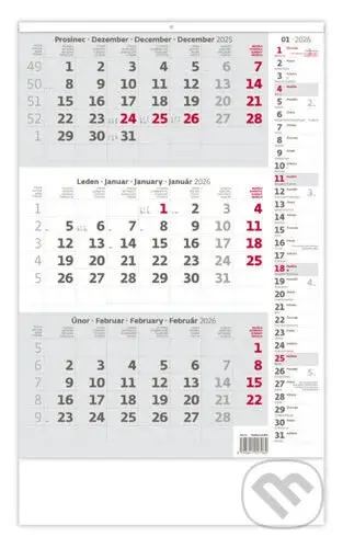 Tříměsíční kalendář šedý s poznámkami 2026 - nástěnný kalendář