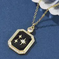 Brass Micro Pave Clear Cubic Zirconia Enamel Rectangle Pendant Necklaces for Women