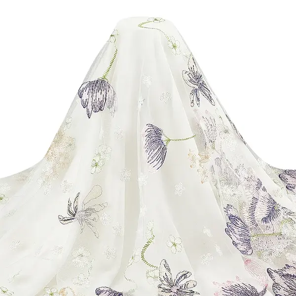 Embroidered Flowers Polyester Tulle Lace Fabric