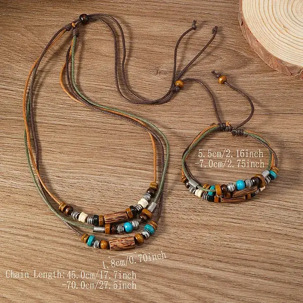 Wood & Alloy & Wax Cord Beaded Necklace & Braided Bead Style Bracelets Sets