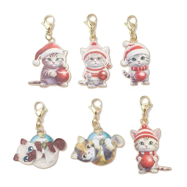 6Pcs 6 Styles Christmas Cat Alloy Enamel Pendant Decorations