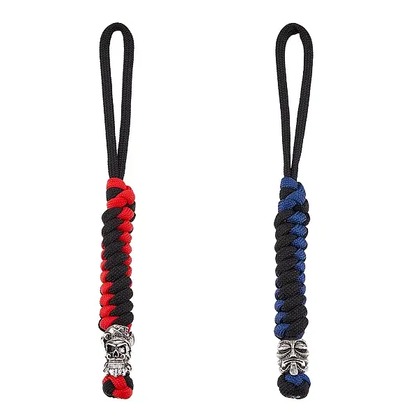 2Pcs 2 Style Braided Polyester EDC Knife Parachute Lanyard Alloy Spartan Skull Bead Pendant Decoration for Men