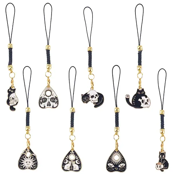 16Pcs 8 Colors Cat Shape Alloy Glass Mobile Straps