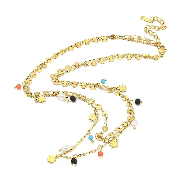 Ion Plating(IP) 201 Stainless Steel & Plastic Double Layer Tassel Necklaces