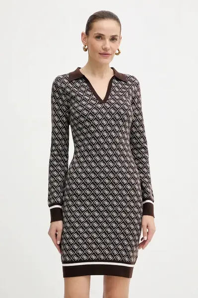 Šaty z vlněné směsi Guess AUBREY hnědá barva, mini, přiléhavé, W5BK25 Z3JD2