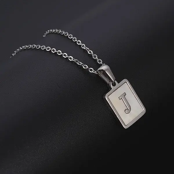 Rectangle Stainless Steel Pave Natural White Shell Pendant Necklaces