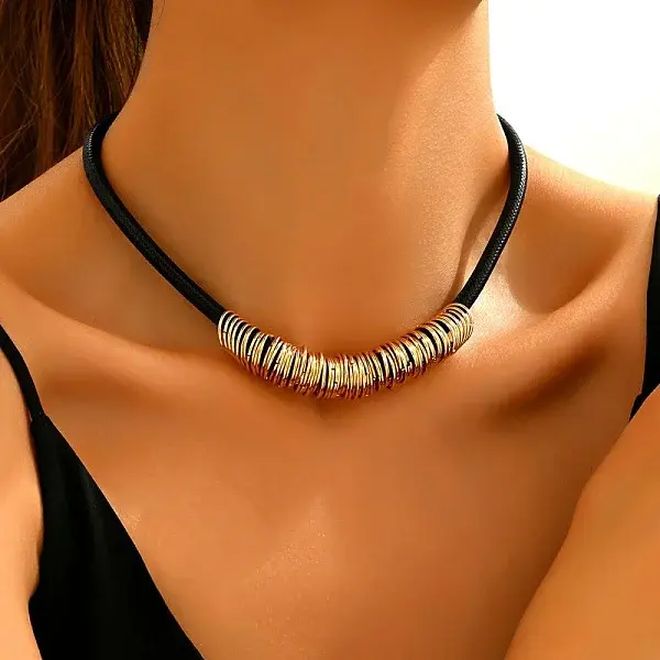 Bohemian Style Alloy Multiple Ring Waxed Cord Choker Necklaces for Women