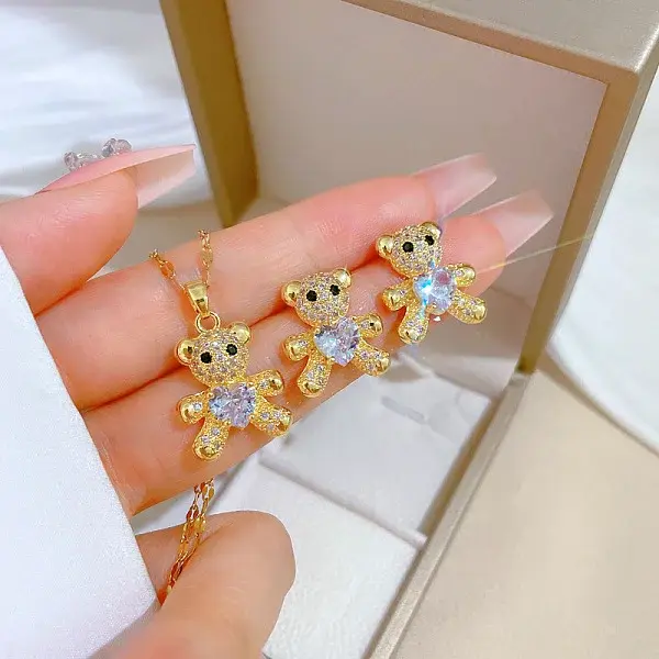 Brass Micro Pave Cubic Zirconia Pendant Necklace & Stud Earrings