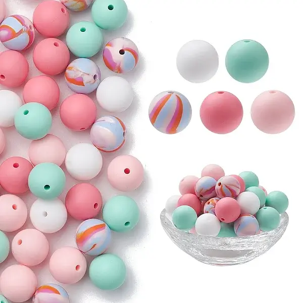 50Pcs 5 Styles Round Silicone Beads