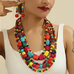 Wood Beaded Multilayer Necklaces & Dangle Earrings Sets