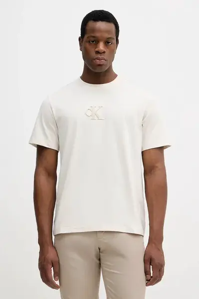 Bavlněné tričko Calvin Klein Jeans pánské, béžová barva, s aplikací, LV04RD253G