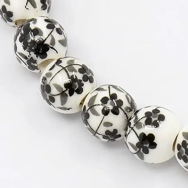 Handmade Printed Porcelain Round Beads Strands