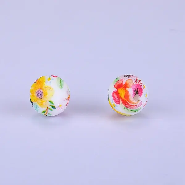 Printed Round with Flower Pattern Silicone Focal Beads