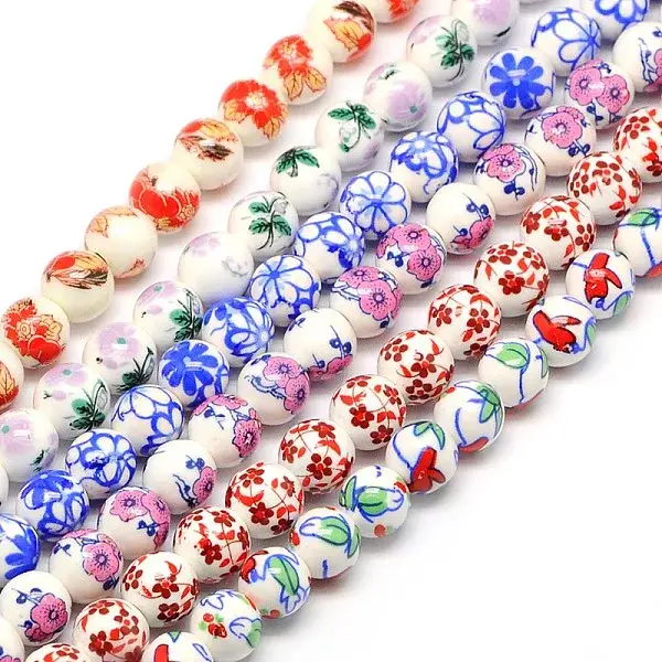 Handmade Flower Printed Porcelain Ceramic Beads Strands