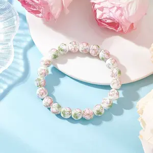 Handmade Flower Printed Porcelain Ceramic Round Beads Stretch Bracelets for Women