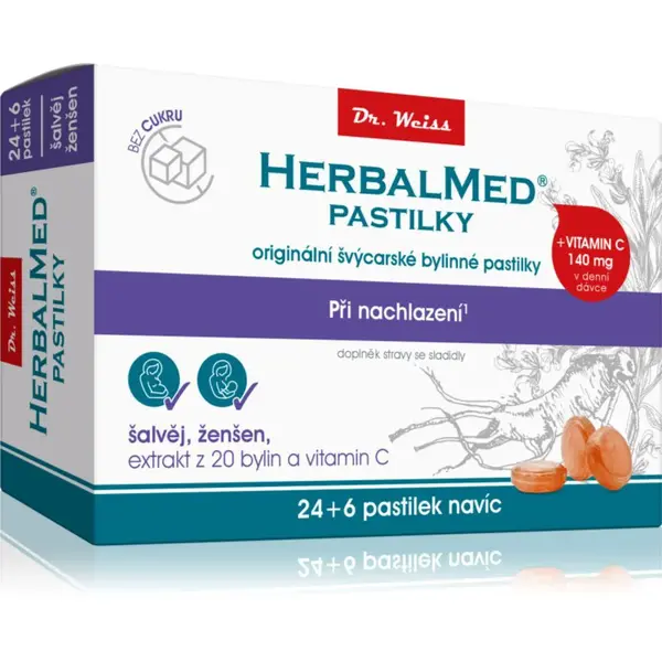 Dr.Weiss HerbalMed pastilky Šalvia + ženšen s vitamínom C BEZ CUKRU pastilky na podporu zdravia dýchacích ciest 30 ks