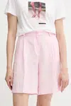 Lněné kraťasy Sisley dámské, růžová barva, high waist, 4AGHL901K