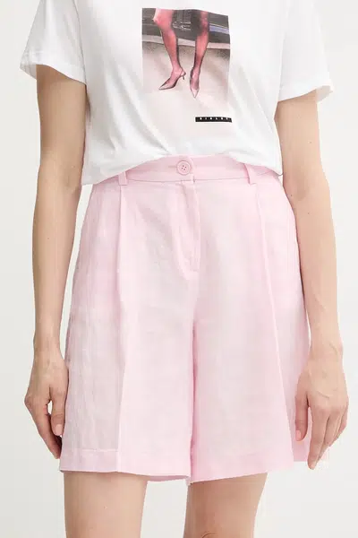 Lněné kraťasy Sisley dámské, růžová barva, high waist, 4AGHL901K