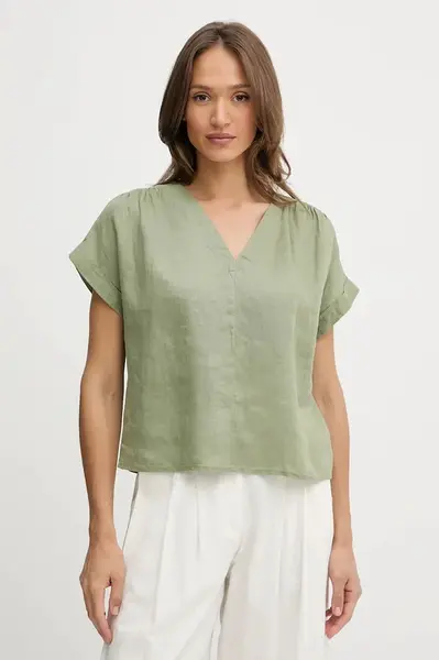 Lněná halenka United Colors of Benetton dámská, zelená barva, hladká, 5BMLDQ0BR
