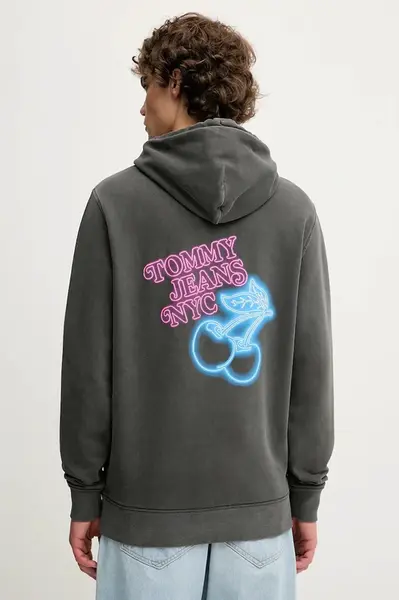 Bavlněná mikina Tommy Jeans pánská, šedá barva, s kapucí, s potiskem, DM0DM21798