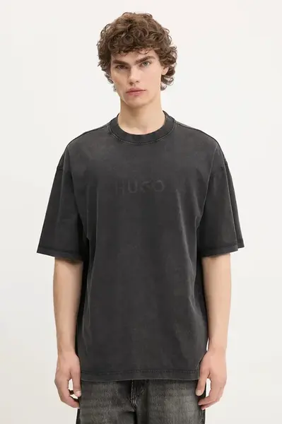 Bavlněné tričko Hugo Blue pánské, šedá barva, s potiskem, 50542638