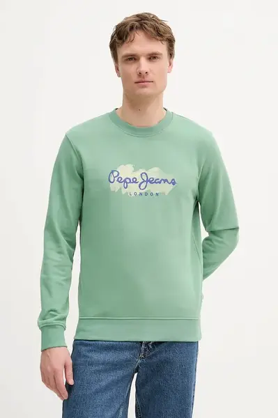 Bavlněná mikina Pepe Jeans pánská, zelená barva, s potiskem, PM582921