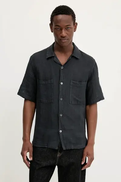 Lněná košile BARENA VENEZIA Camicia Mola pánská, tmavomodrá barva, relaxed, s klasickým límcem, CAU5073.3144