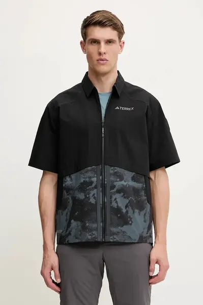 Košile adidas TERREX x National Geographic pánská, černá barva, relaxed, s klasickým límcem, JD5947