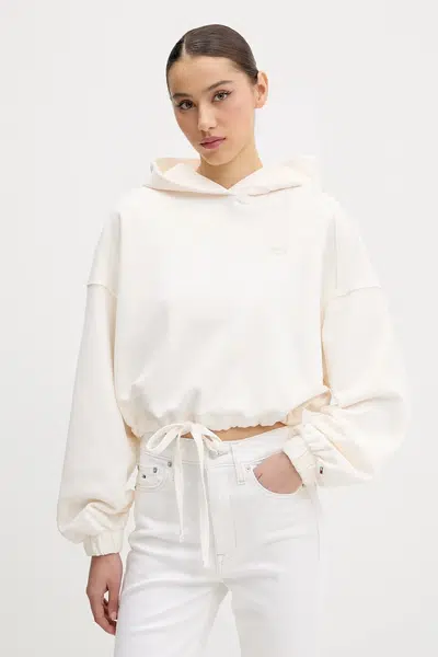 Bavlněná mikina Tommy Jeans dámská, béžová barva, s kapucí, hladká, DW0DW20314