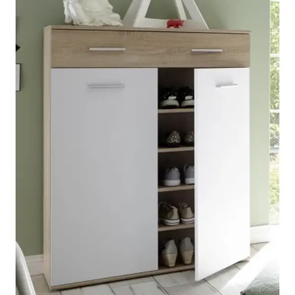 Komoda s policemi a zásuvkou/botník Manolo 90 cm, dub sonoma/bílá