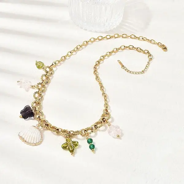 Electroplated Natural Shell & Glass Flower Butterfly Pendant 304 Staniless Steel Chain Necklaces for Women