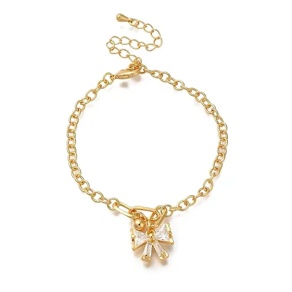 Bowknot Brass Micro Pave Clear Cubic Zirconia Card Paper Chain Bracelets for Women