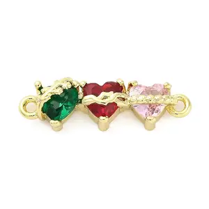 Brass Colorful Cubic Zirconia 3 Heart Connector Charms