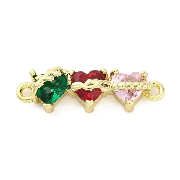 Brass Colorful Cubic Zirconia 3 Heart Connector Charms