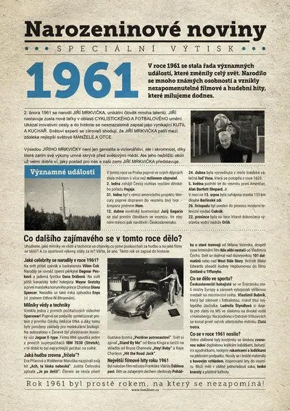 Narozeninové noviny 1961 s vlastní fotografií a textem, S textem