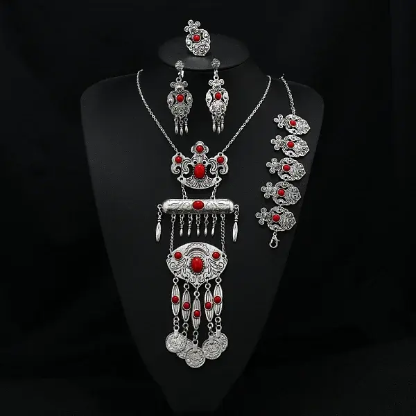 Oval Alloy with Resin Pendant Necklace & Stud Dangle Earring & Link Bracelet & Ring