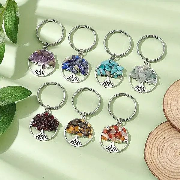 7Pcs Natural & Synthetic Mixed Stone Tree of Life Keychains