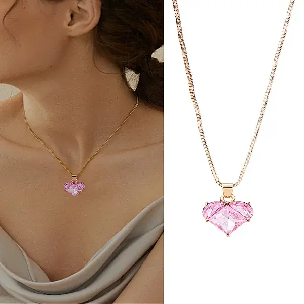 1Pc Hot Pink Heart Zinc Alloy Glass Pendant Box Chain Necklaces for Women