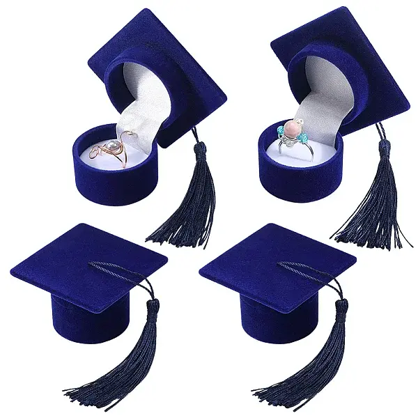 4Pcs Doctoral Hat Shaped Velvet Jewelry Ring Storage Boxes
