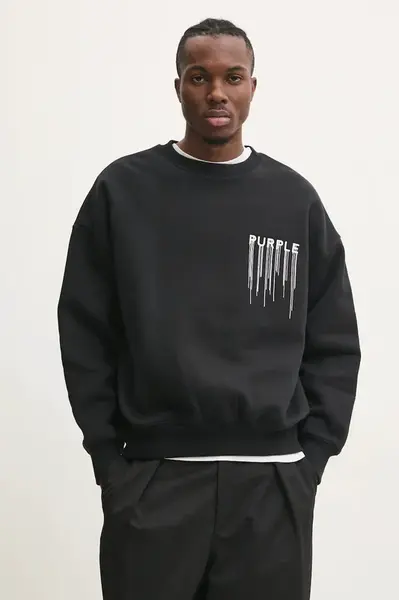Bavlněná mikina PURPLE BRAND HWT FLEECE CREWNECK pánská, černá barva, s aplikací, P402-HBWD125
