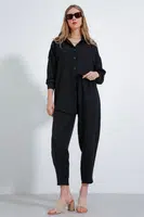 Bigdart Women's Black Oversize Comfortable Linen Bottom and Top Set